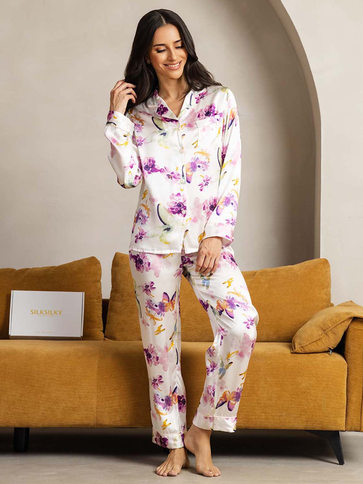 [Flores Acuarela] SilkSilky-ES Seda Pura Womens Pajamas 001