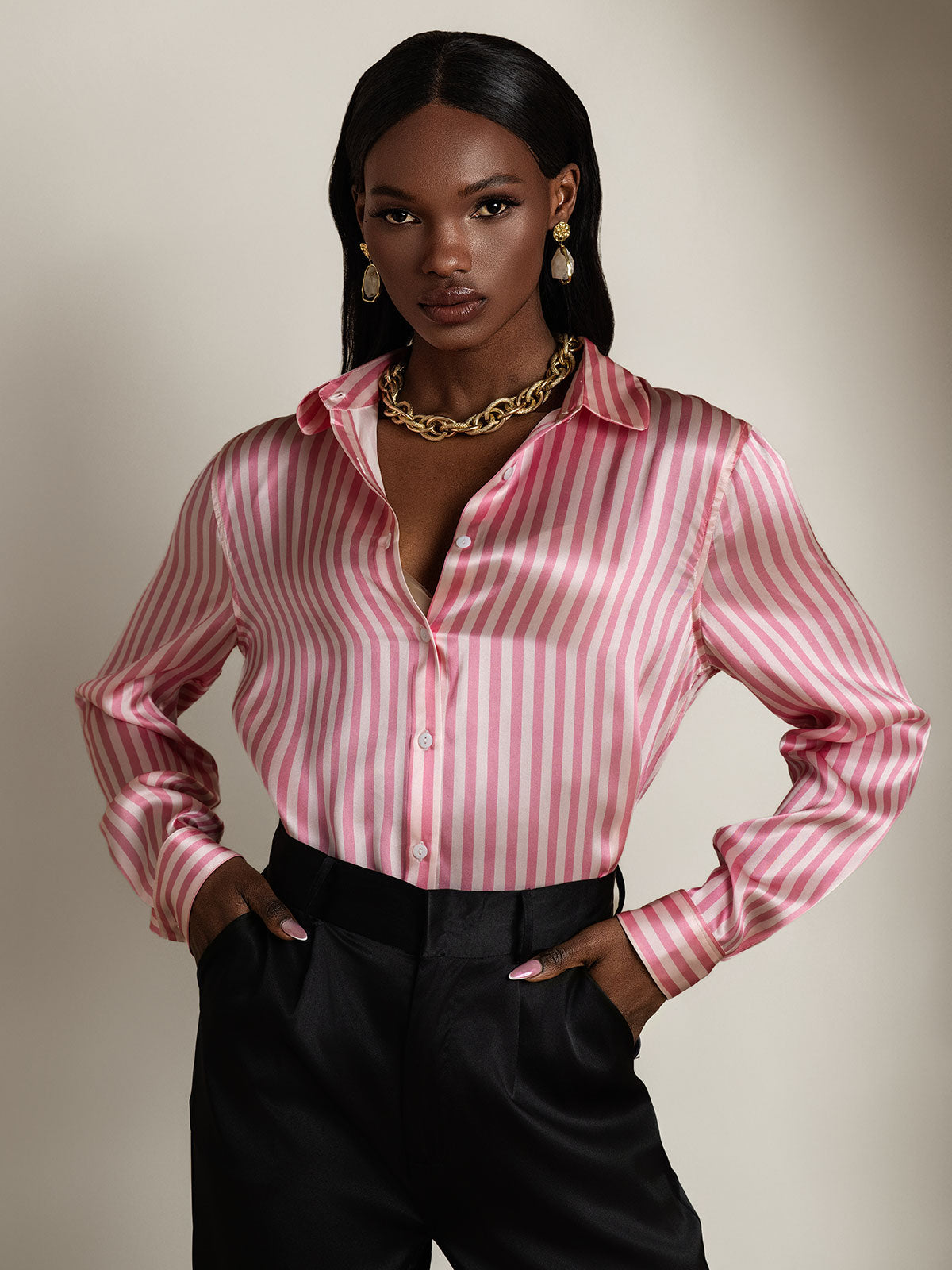 [Rosa] SilkSilky-ES Seda Lapel Collar Blusas de Mujer 004