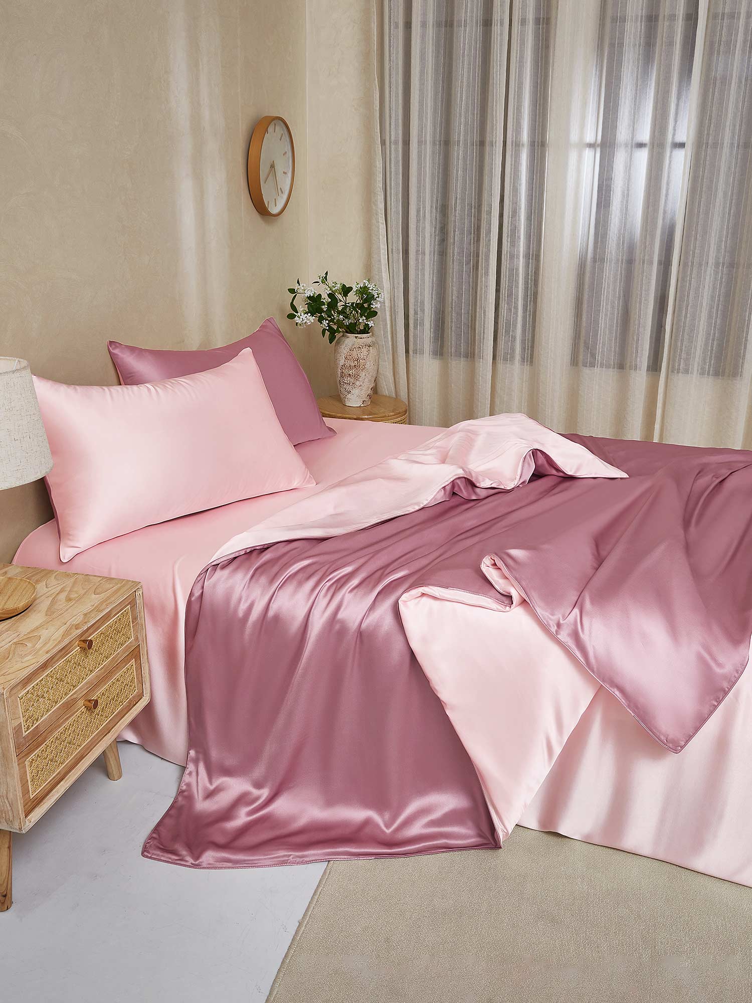 [MalvaPálido+RosaClaro] SilkSilky-ES 25Momme Seda Pura Bedding Set 003,