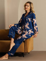 [Azul Oscuro] SilkSilky-ES Long Sleeve Lapel Collar Pijamas de mujer 009
