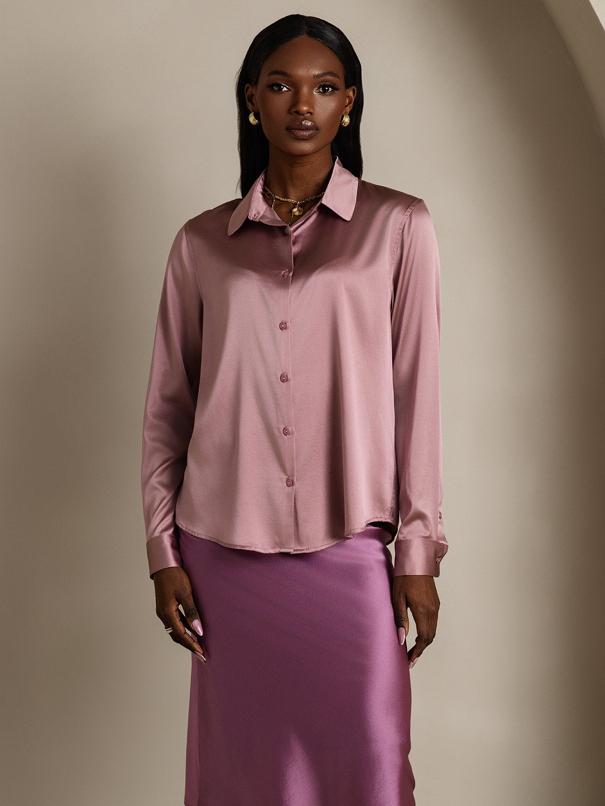 [Malva Pálido] SilkSilky-ES Seda Lapel Collar Blusas de Mujer 006