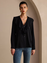 [Negro] SilkSilky-ES Long Sleeve Deep V Neck Blusas 003