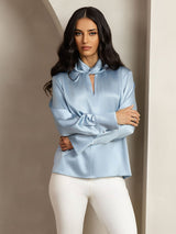[Azul Grisáceo] SilkSilky-ES 19Momme Seda Escote lágrima Blusas de Mujer 006