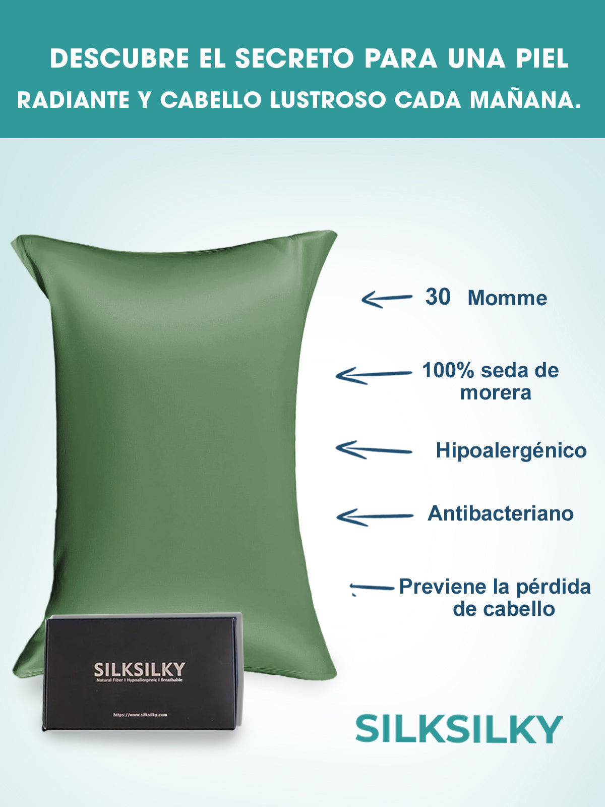 SilkSilky ES 30Momme Seda Pura Pillowcase VerdeGrisáceo 003