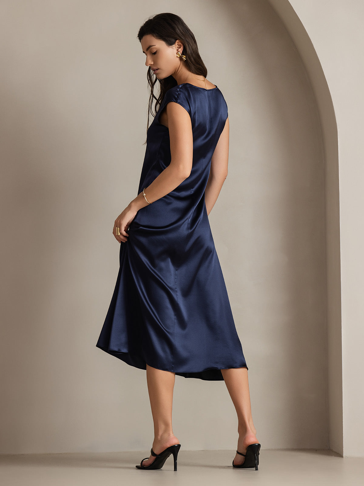 [Azul Oscuro] SilkSilky-ES 19Momme Seda Dress 001
