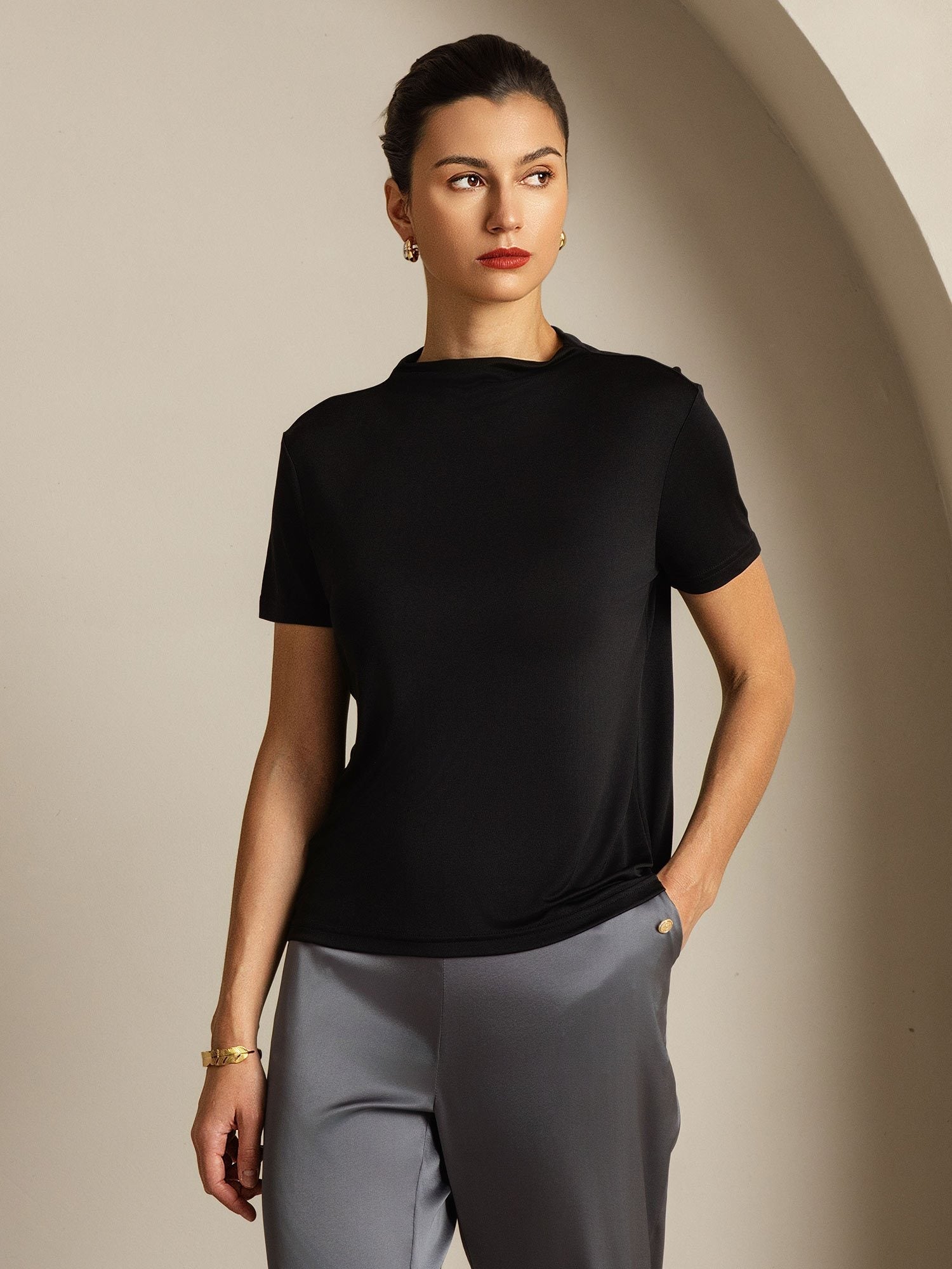[Negro] SilkSilky-ES Seda Pura Cuello Camisero Camisetas de Mujer 008