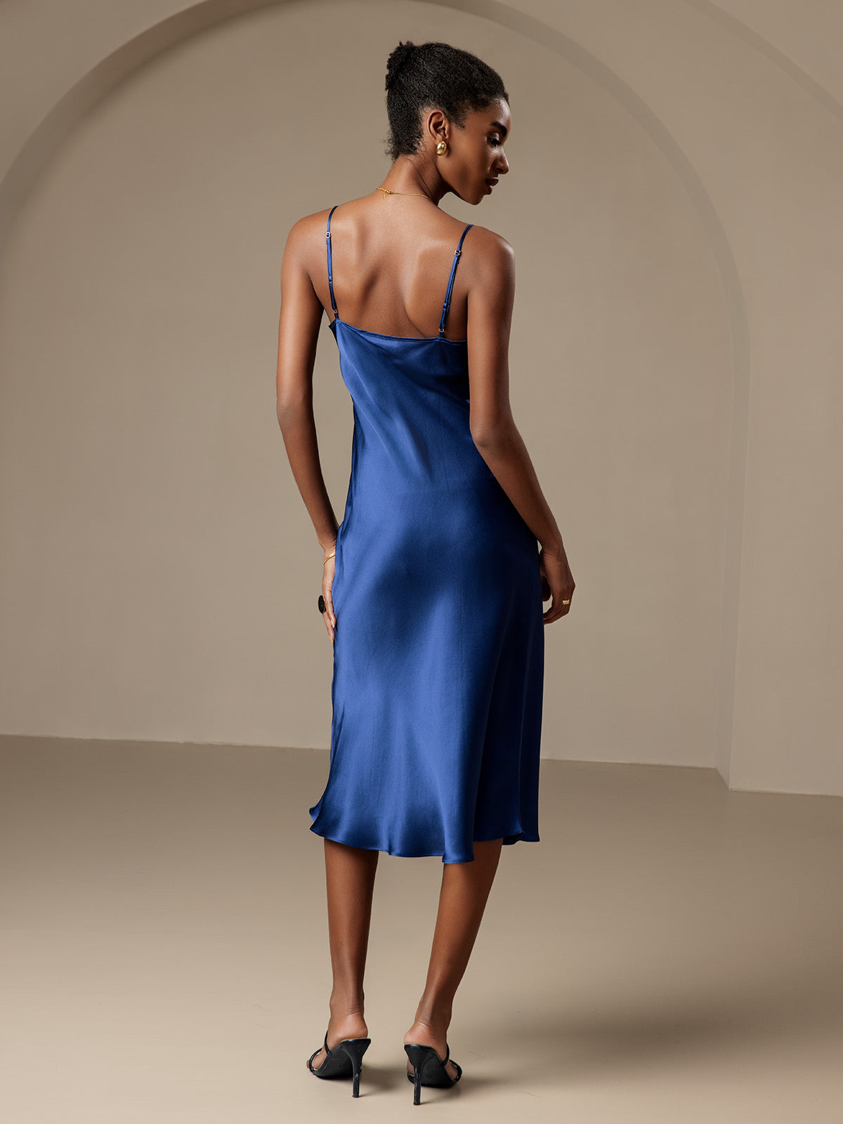 [Azul Oscuro] SilkSilky-ES Seda Pura Cuello en V profundo Vestido 002