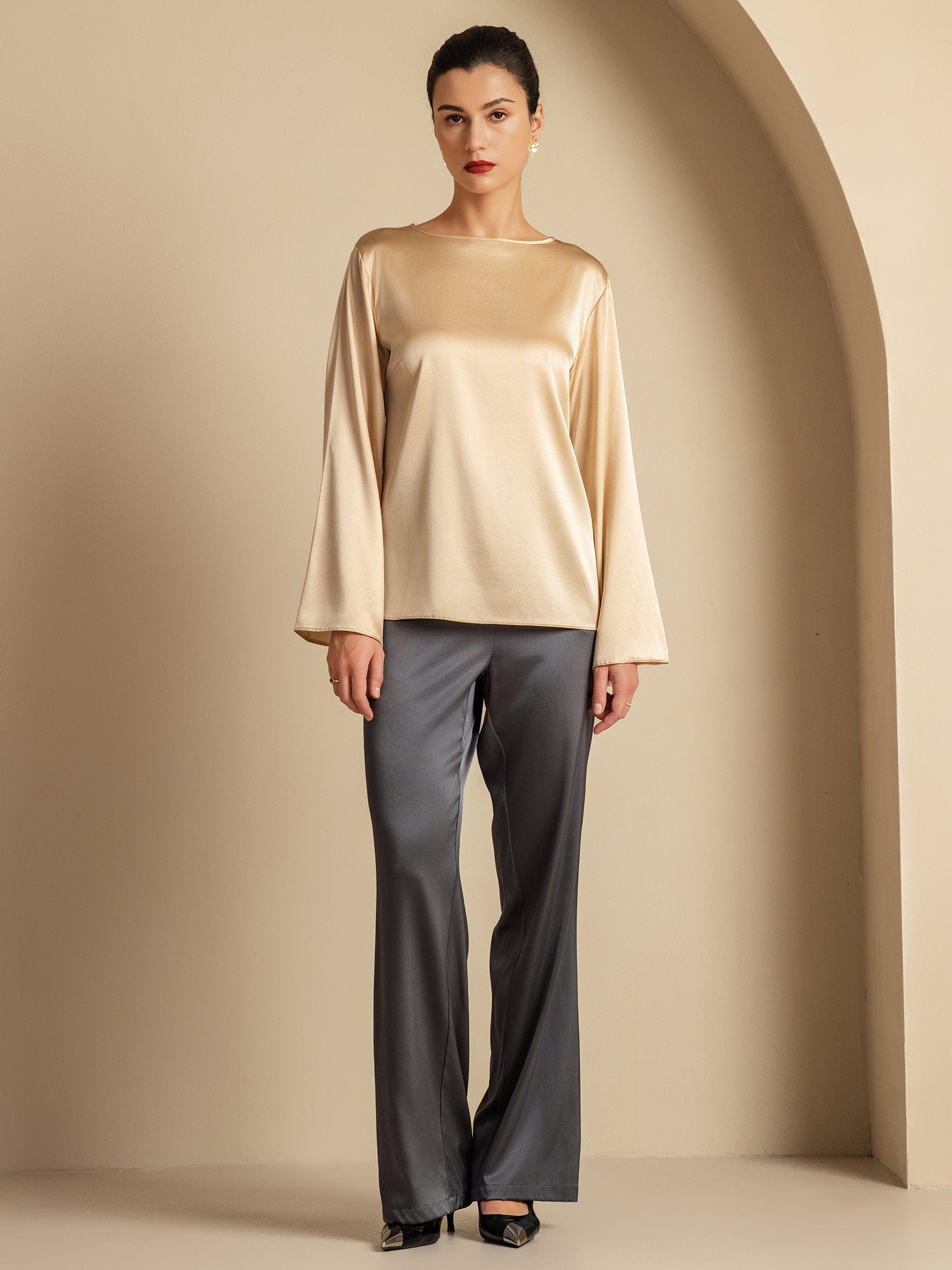 [Champán] SilkSilky-ES 19Momme Seda Womens T-Shirt 009