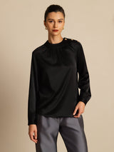 [Negro] SilkSilky-ES 19Momme Manga larga Cuello Redondo Blusa 003