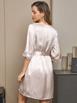 [Beige] SilkSilky-ES Seda Pura Manga media Nightgown&Robe Set 002