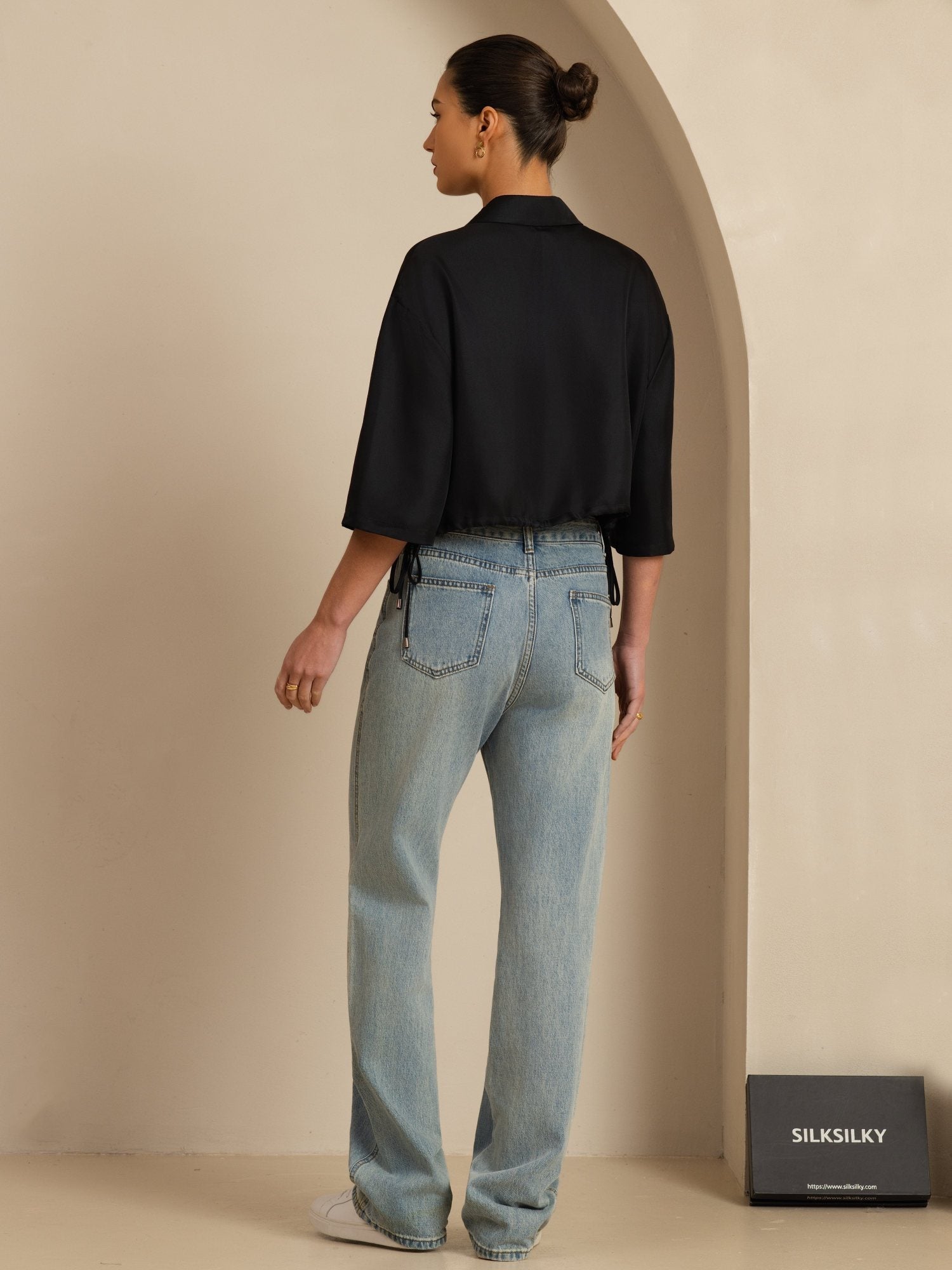 [Negro] SilkSilky-ES 18Momme A metà Cuello con Solapa Blusa 002