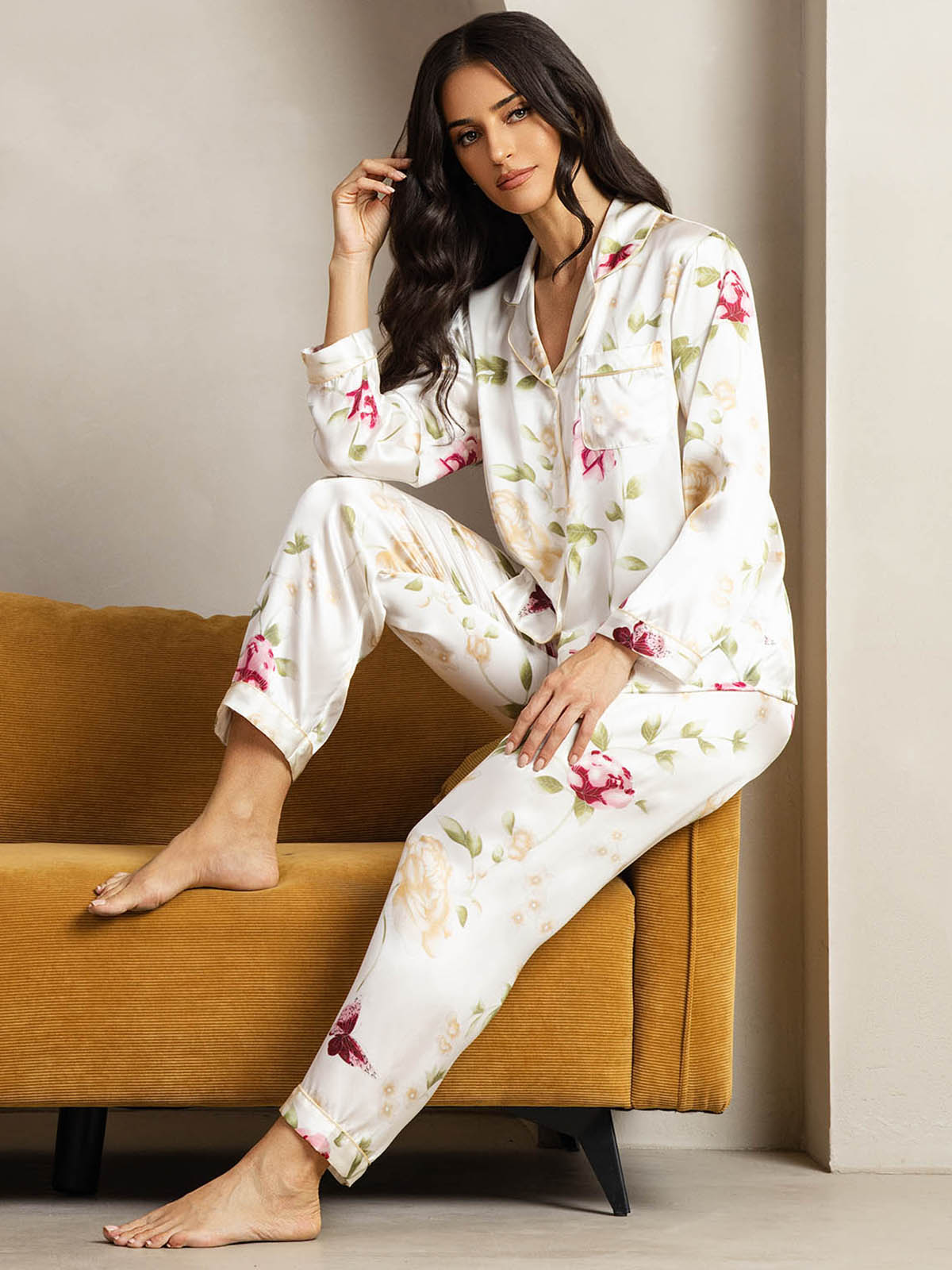 [Floral Marfil] SilkSilky-ES Seda Pura Womens Pajamas 005