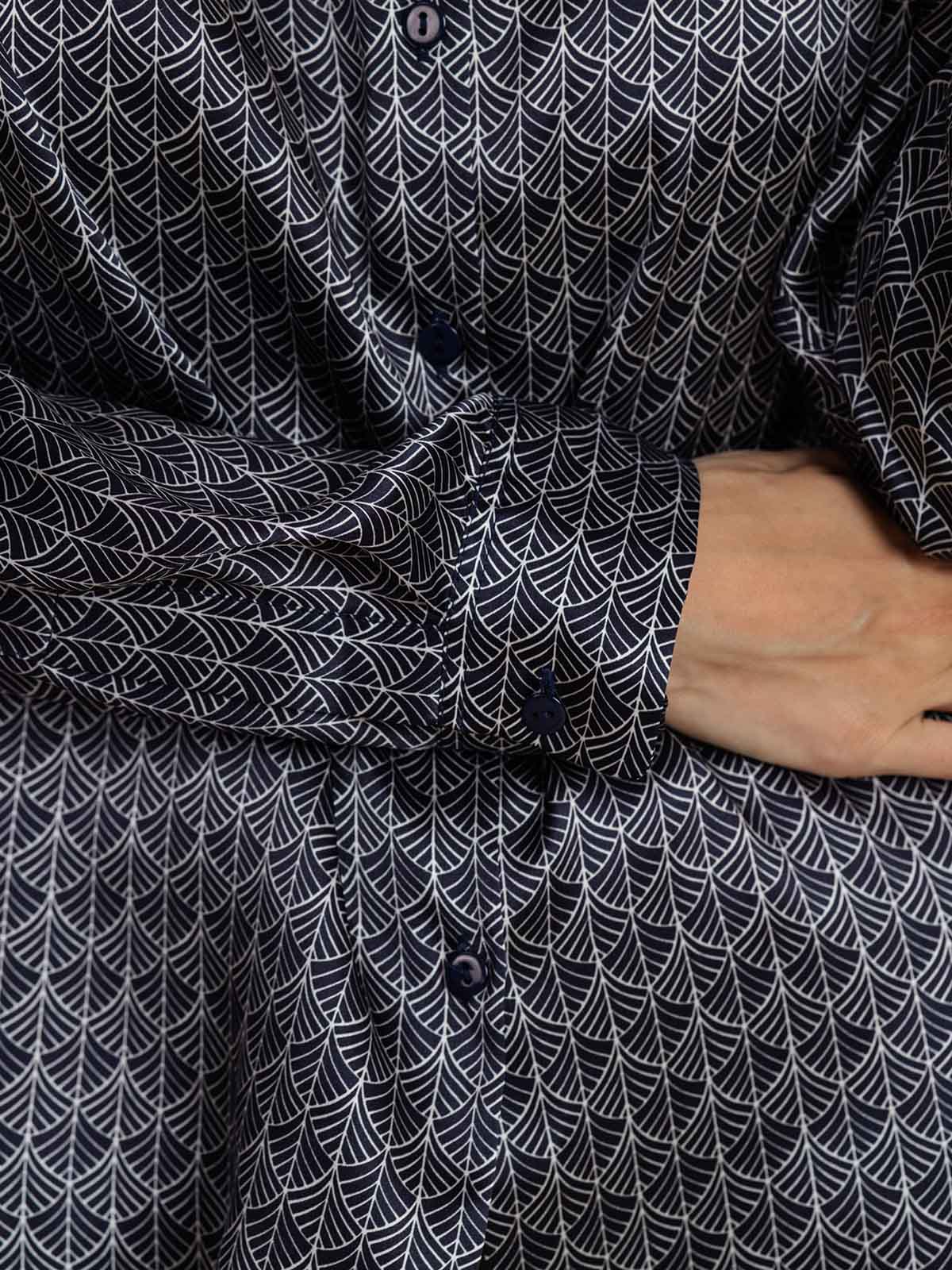 [Ginkgo Azul Marino] SilkSilky-ES Seda Manga larga Cuello Camisero Blusas de Mujer 004