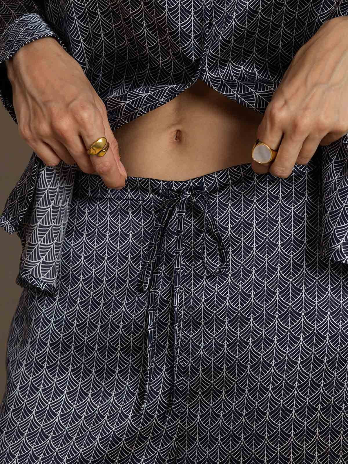 [Ginkgo Azul Marino] SilkSilky-ES 19Momme Seda Cuello Camisero Women''s Outfit Sets 005,