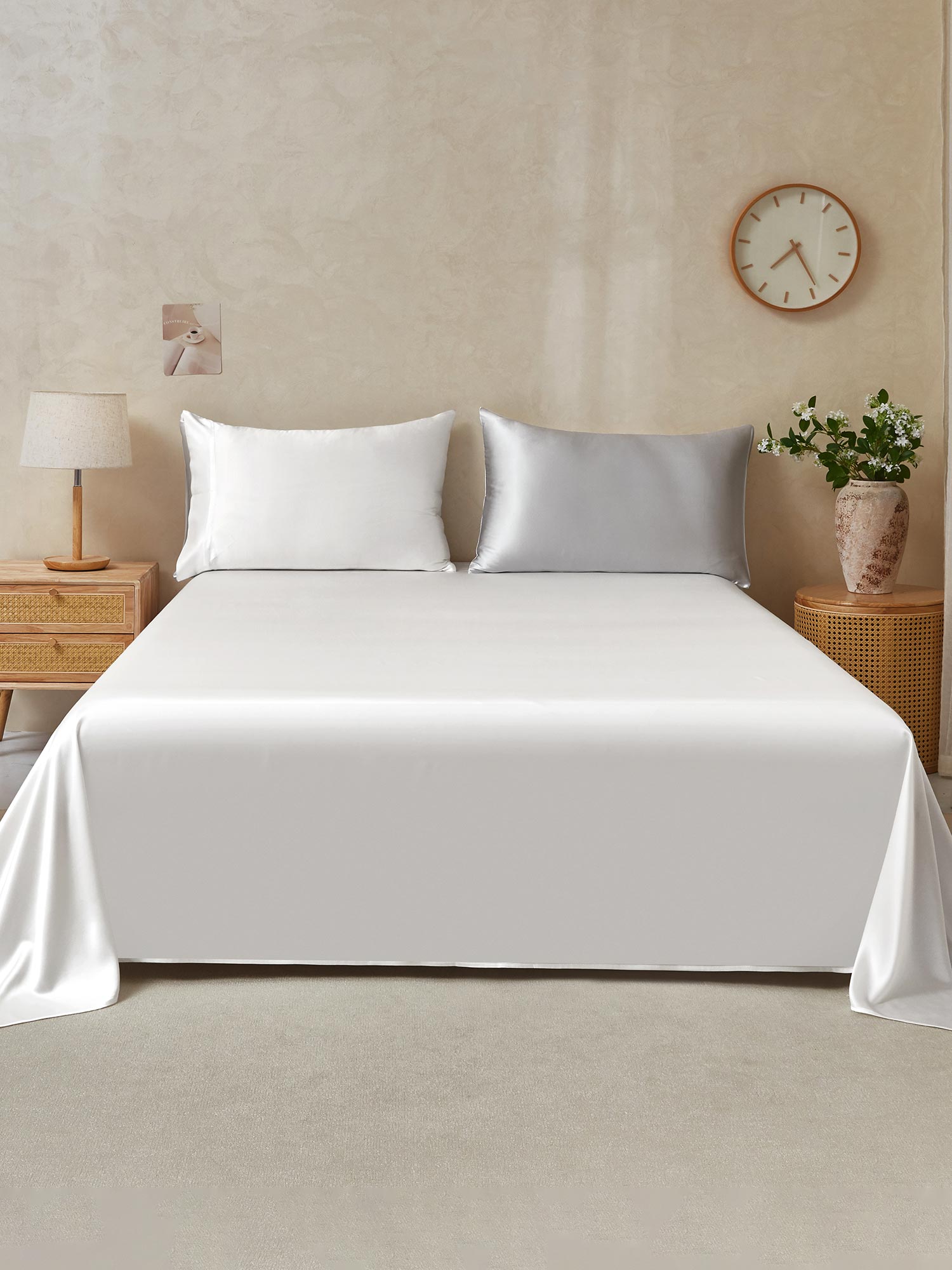 [GrisClaro+Blanco] SilkSilky-ES 19Momme Seda Pura Bedding Set 001,