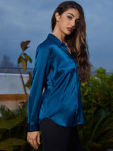 [Azul Real] SilkSilky-ES Long Sleeve Lapel Collar Blusas de Mujer 003