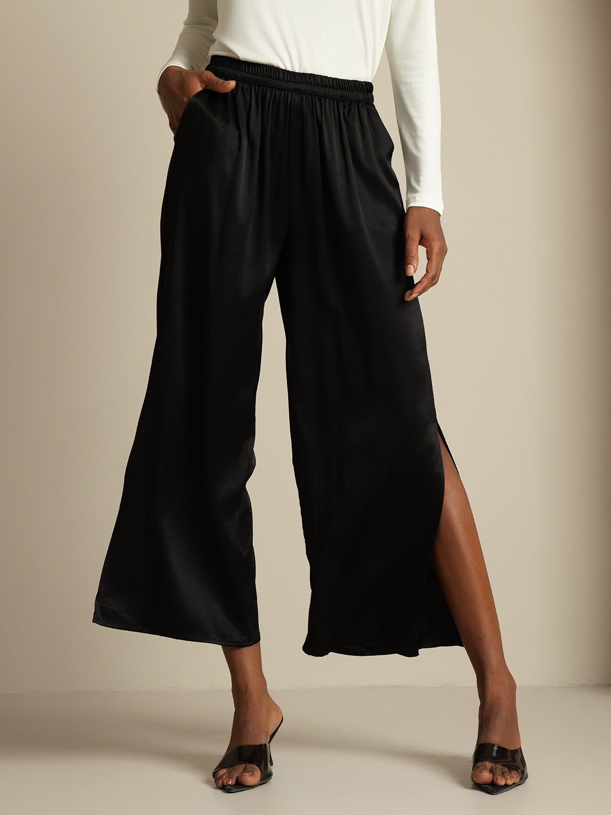 [Negro] SilkSilky-ES 19Momme Seda Womens Pants 001