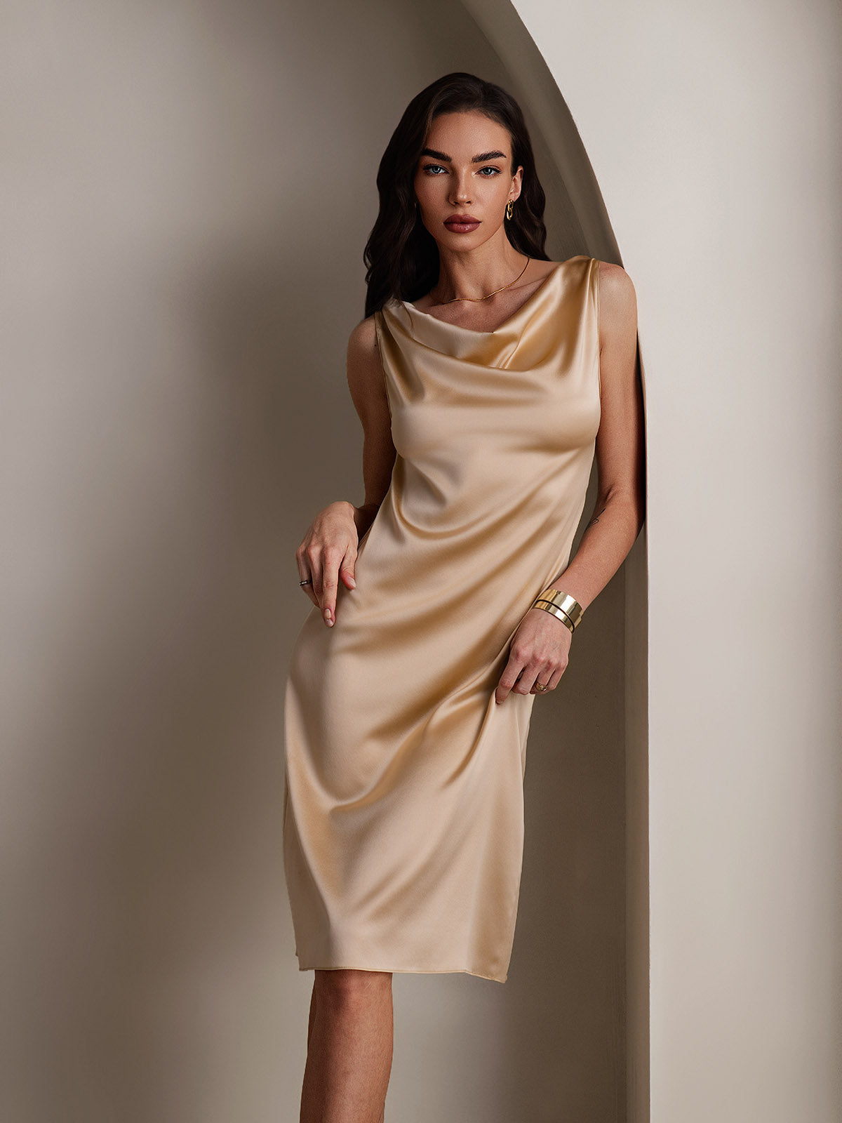 [Champán] SilkSilky-ES 19Momme Seda Dress 001