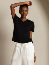 [Negro] SilkSilky-ES Short Sleeve V Neck Camisetas de Mujer 005