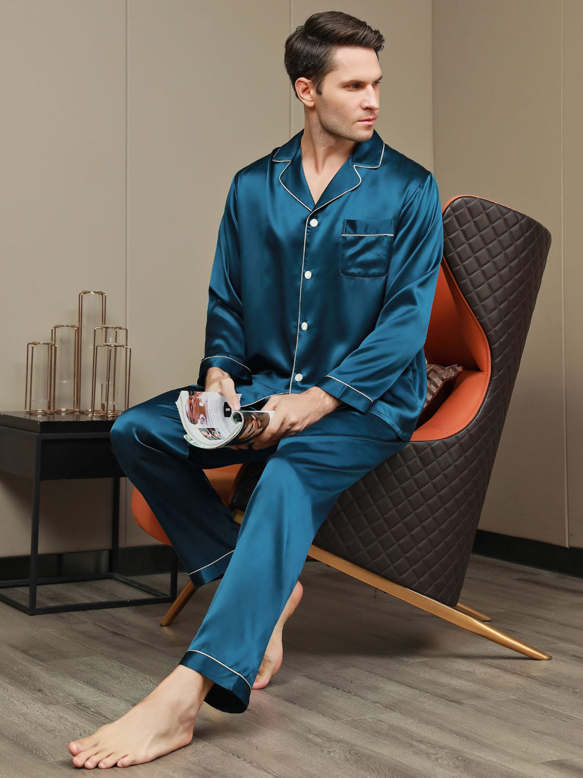 [Azul Real] SilkSilky-ES 19Momme Seda Pura Mens Pajamas 007
