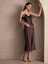 [Café] SilkSilky-ES Spaghetti Strap V Neck Vestido 008