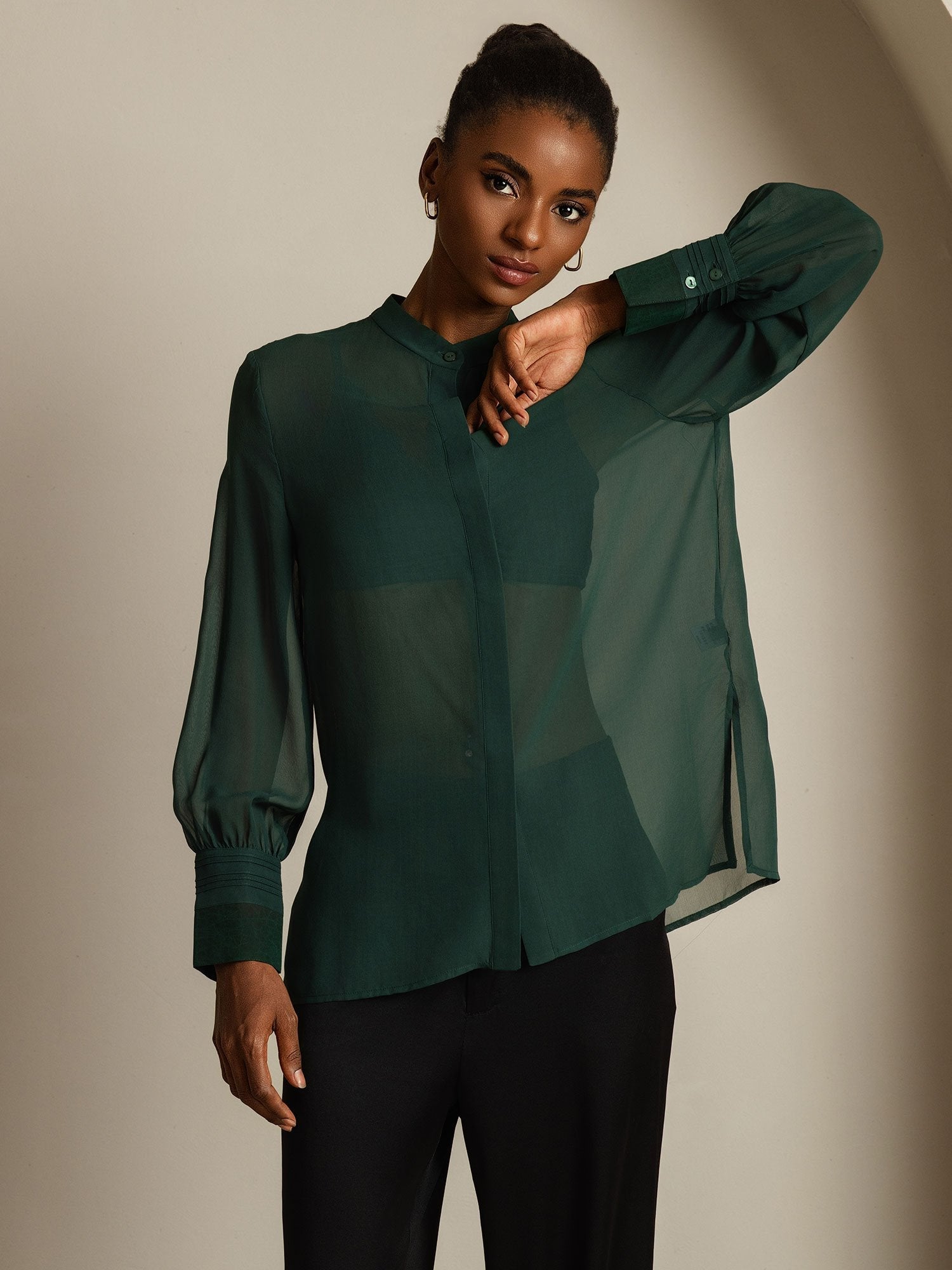[Verde Oscuro] SilkSilky-ES Seda Pura Womens Shirt 008