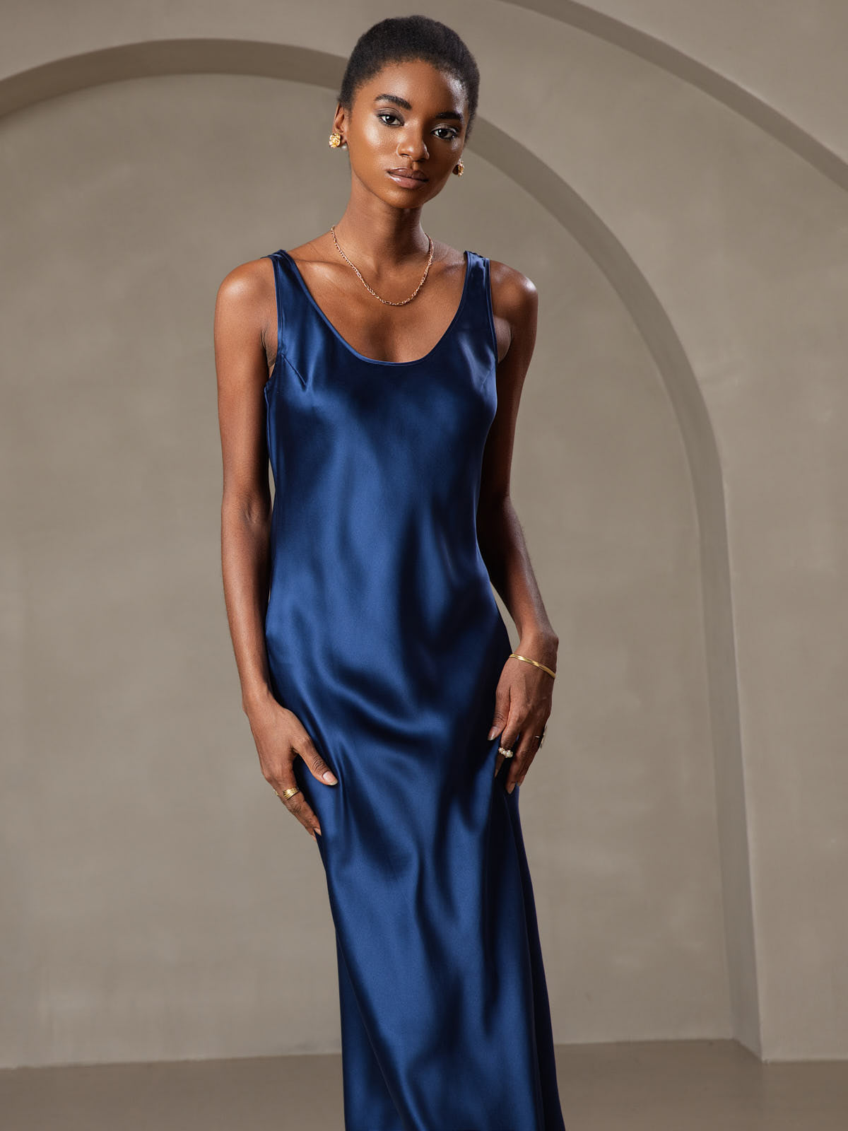 [Azul Oscuro] SilkSilky-ES Seda Pura Cuello Barco Vestido 003