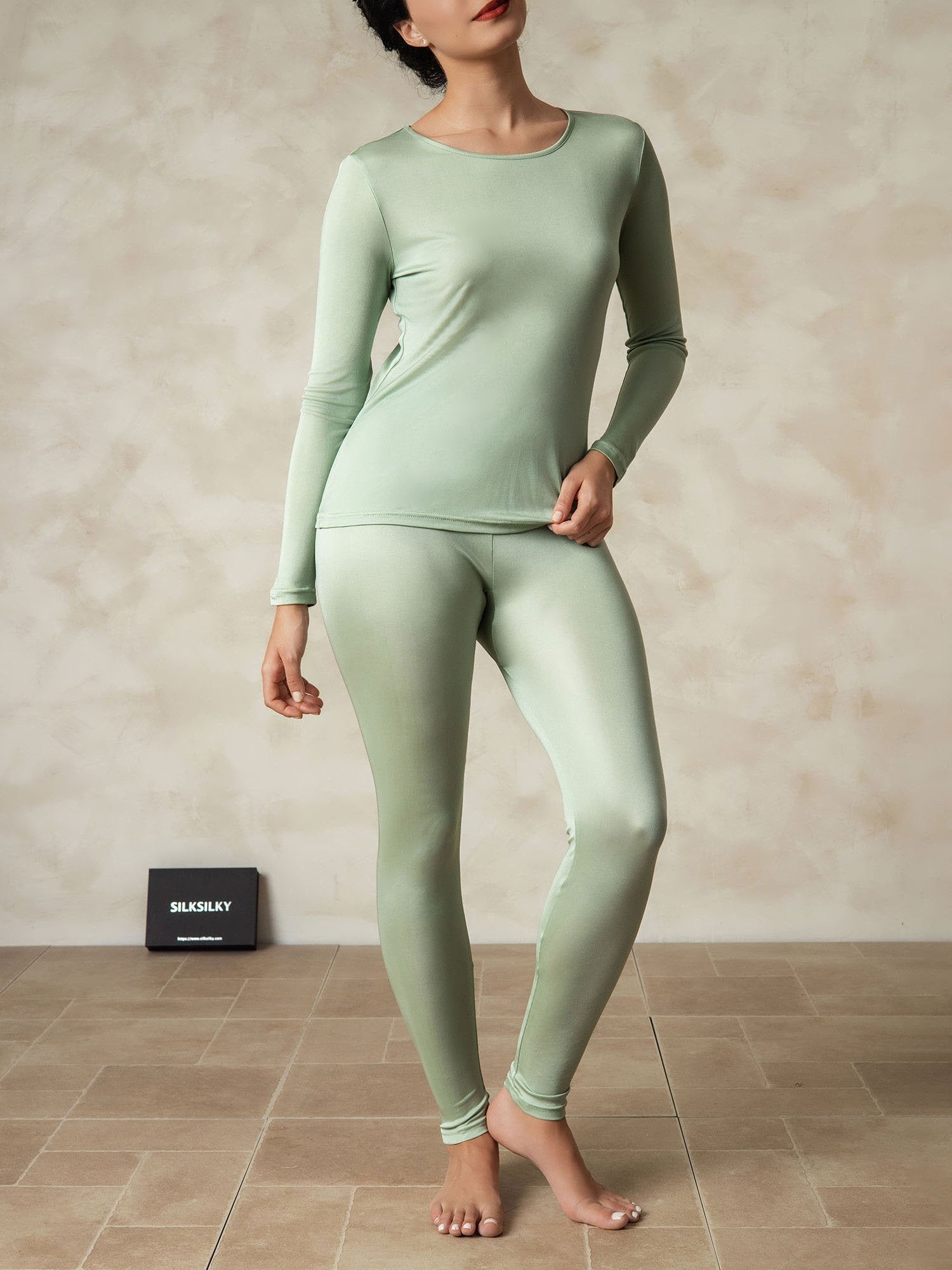 [Verde] SilkSilky-ES Manga larga Cuello Redondo Ropa Interior Larga Mujer 001