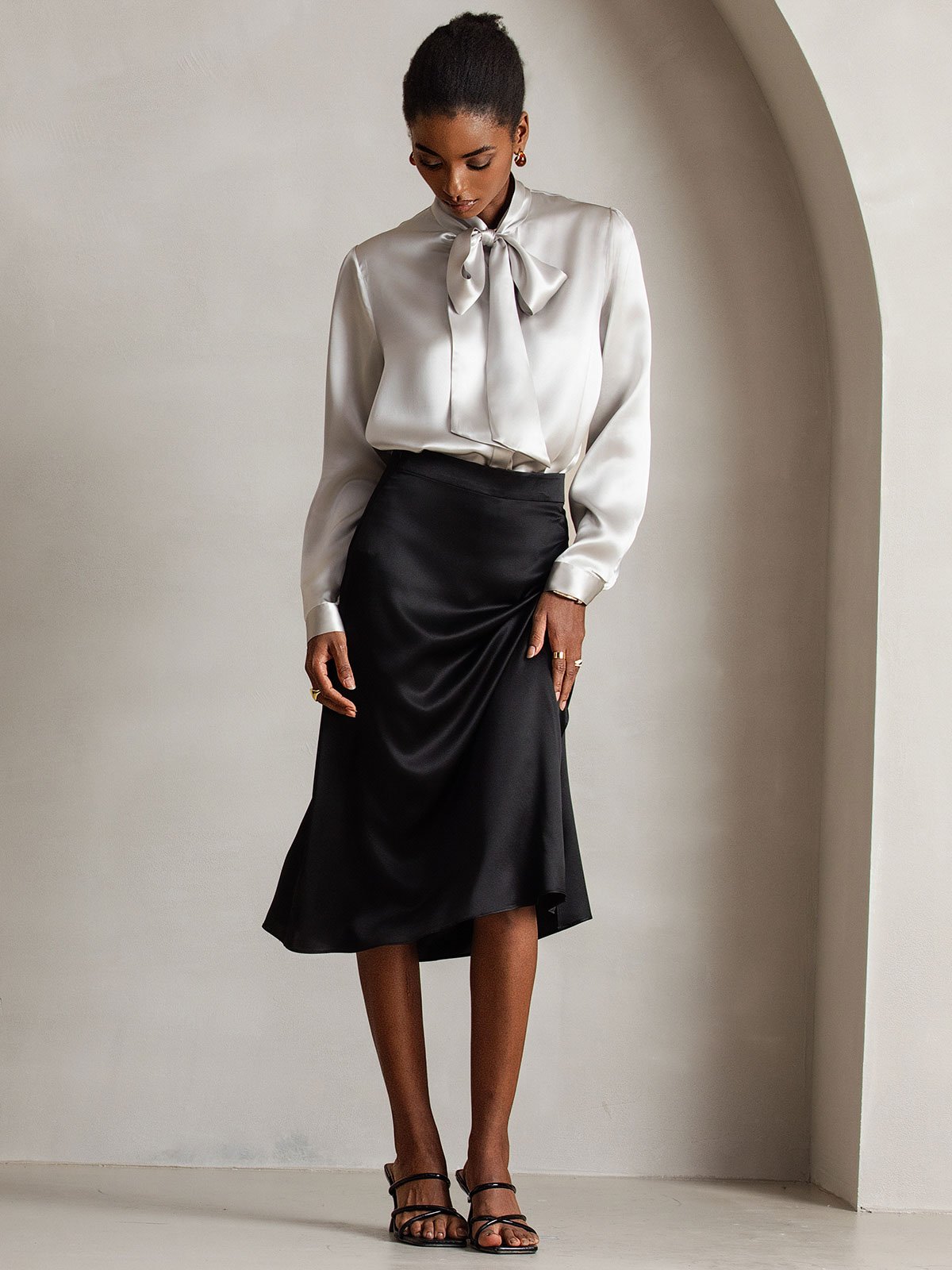 [Gris Claro] SilkSilky-ES 19Momme Seda Manga larga Blouse 007