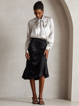 [Gris Claro] SilkSilky-ES Long Sleeve Tie Neck Blusas 007