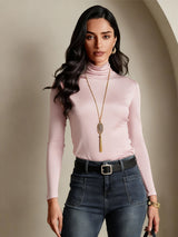 [Rosa Coral] SilkSilky-ES Manga larga Cuello de Tortuga Camisetas de Mujer 003