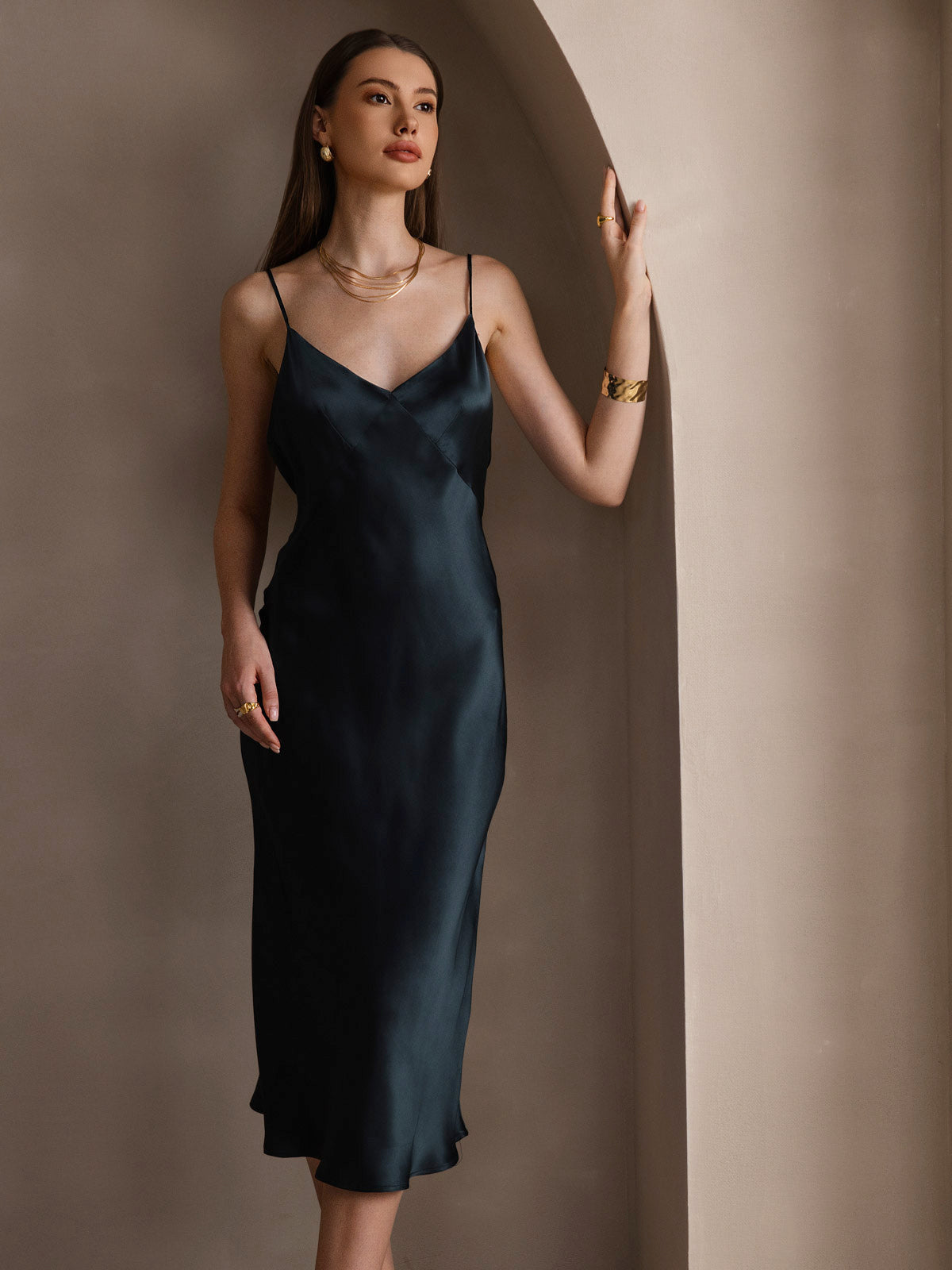 [Verde Oscuro] SilkSilky-ES 19Momme Seda Pura Cuello en V Vestido 005