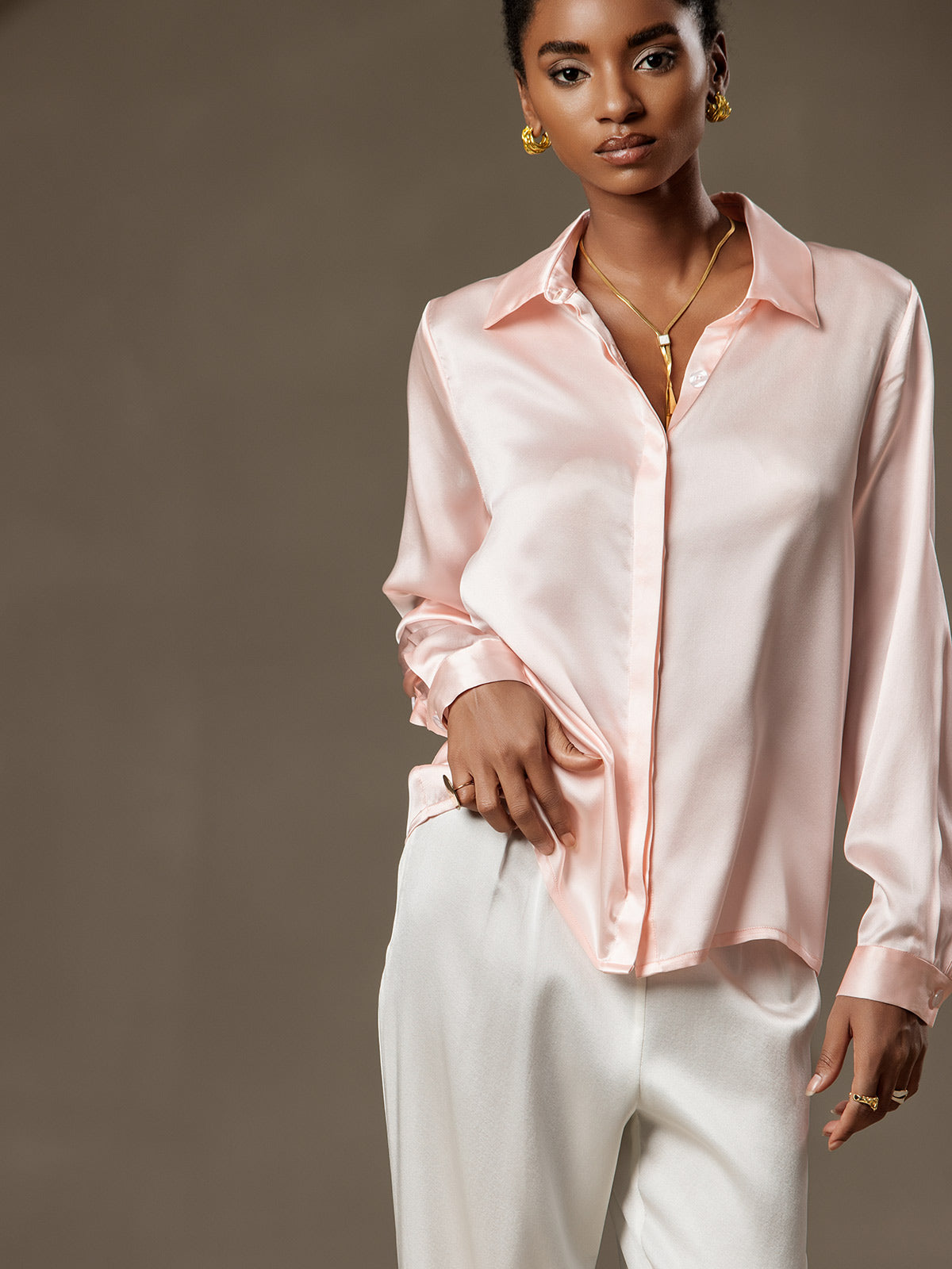 [Rosa] SilkSilky-ES 19Momme Seda Lapel Collar Blusas de Mujer 003