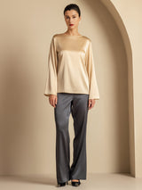 [Champán] SilkSilky-ES Long Sleeve Boat Neck Blusa 007