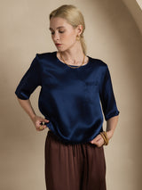 [Azul Oscuro] SilkSilky-ES A metà Escote Cuchara Camisetas de Mujer 005