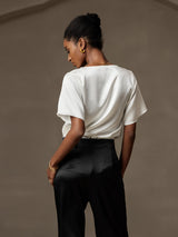 [Blanco] SilkSilky-ES Short Sleeve Cowl Neck Blusas 002