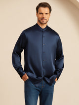 [Azul Oscuro] SilkSilky-ES Long Sleeve Stand Collar Camisa de hombre 004