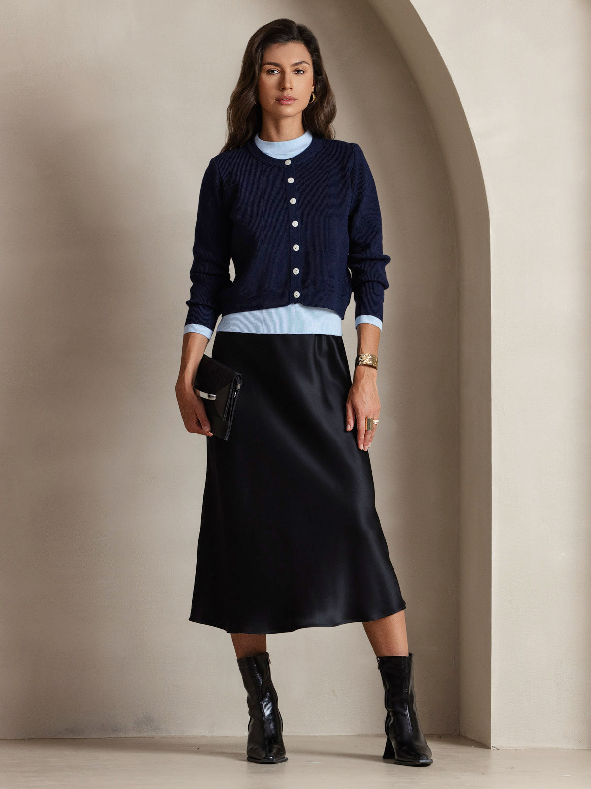 [Negro] SilkSilky-ES Spalline Sottili Cuello en V Vestido 007