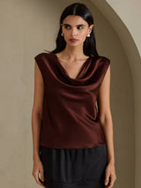 [Chocolate Negro] SilkSilky-ES Cap Sleeve Cowl Neck Camisetas de Mujer 003