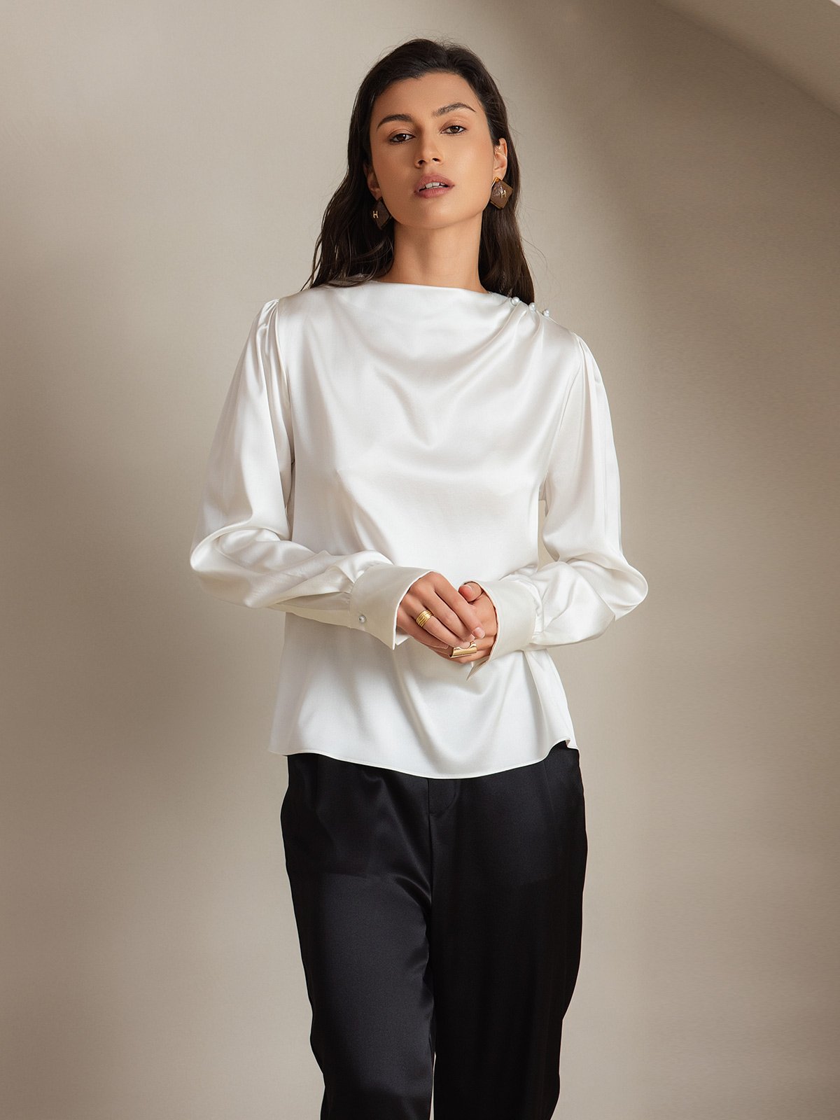 [Blanco] SilkSilky-ES 19Momme Seda Womens Shirt 005