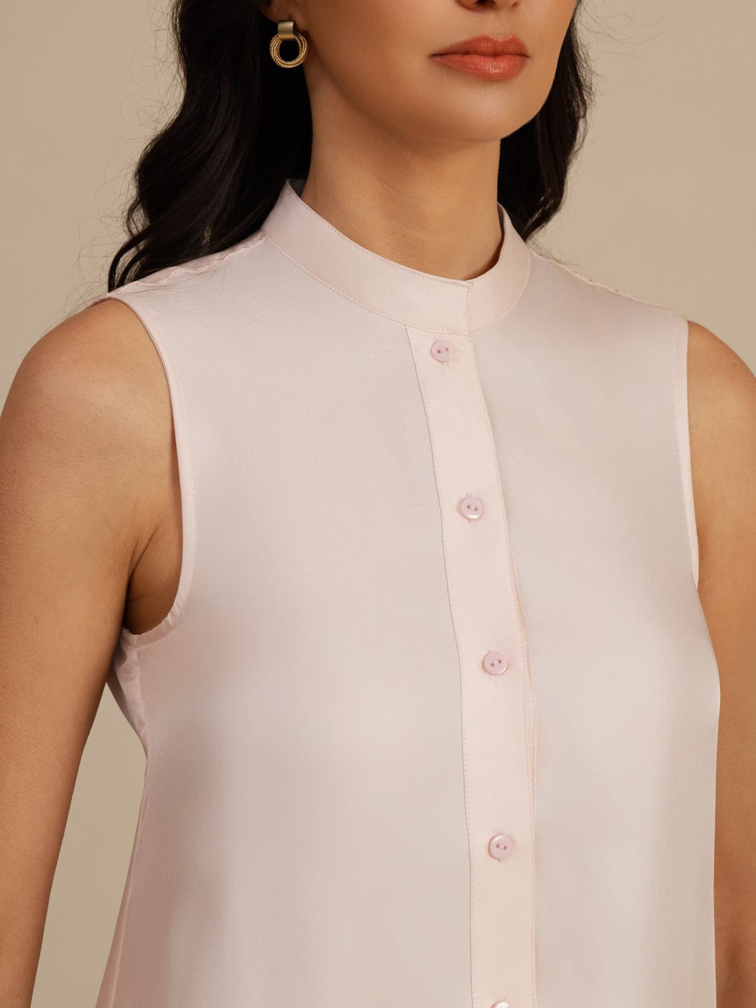 [Rosa] SilkSilky-ES 18Momme Sin mangas Cuello Alto Vestido 004