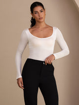 [Blanco] SilkSilky-ES Long Sleeve Cuello en U Camisetas de Mujer 004
