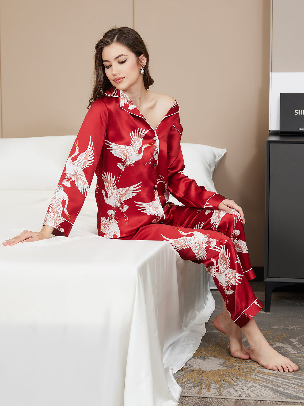 [Rojo Oscuro] SilkSilky-ES 19Momme Seda Pura Manga larga Solapa Pijamas de mujer 007