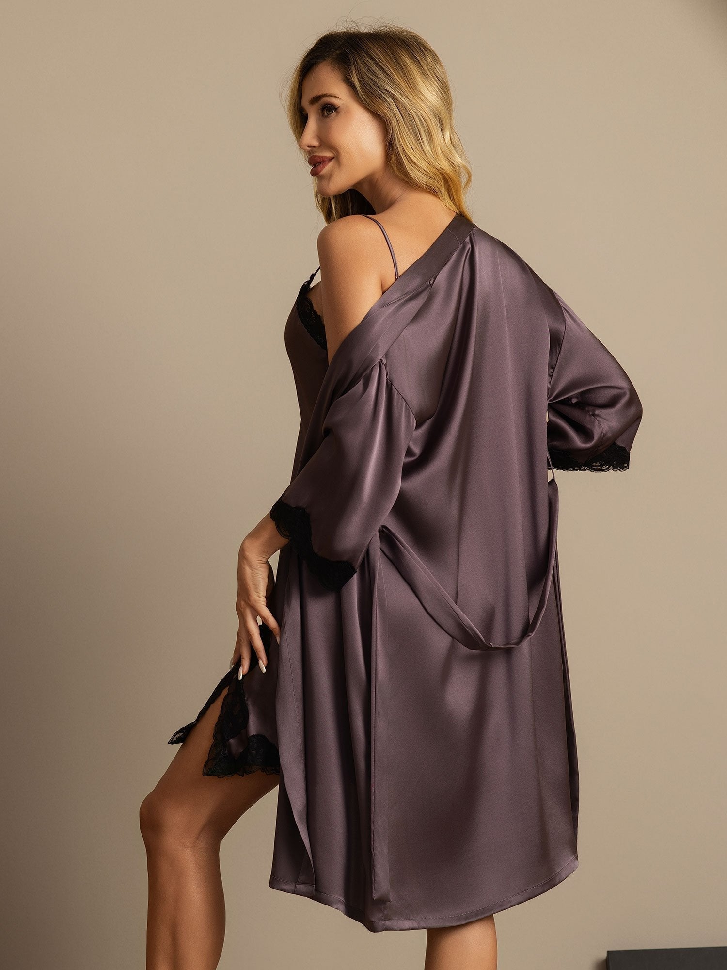 [Gris Púrpura] SilkSilky-ES A metà Cuello en V Conjunto de camisón y bata 002