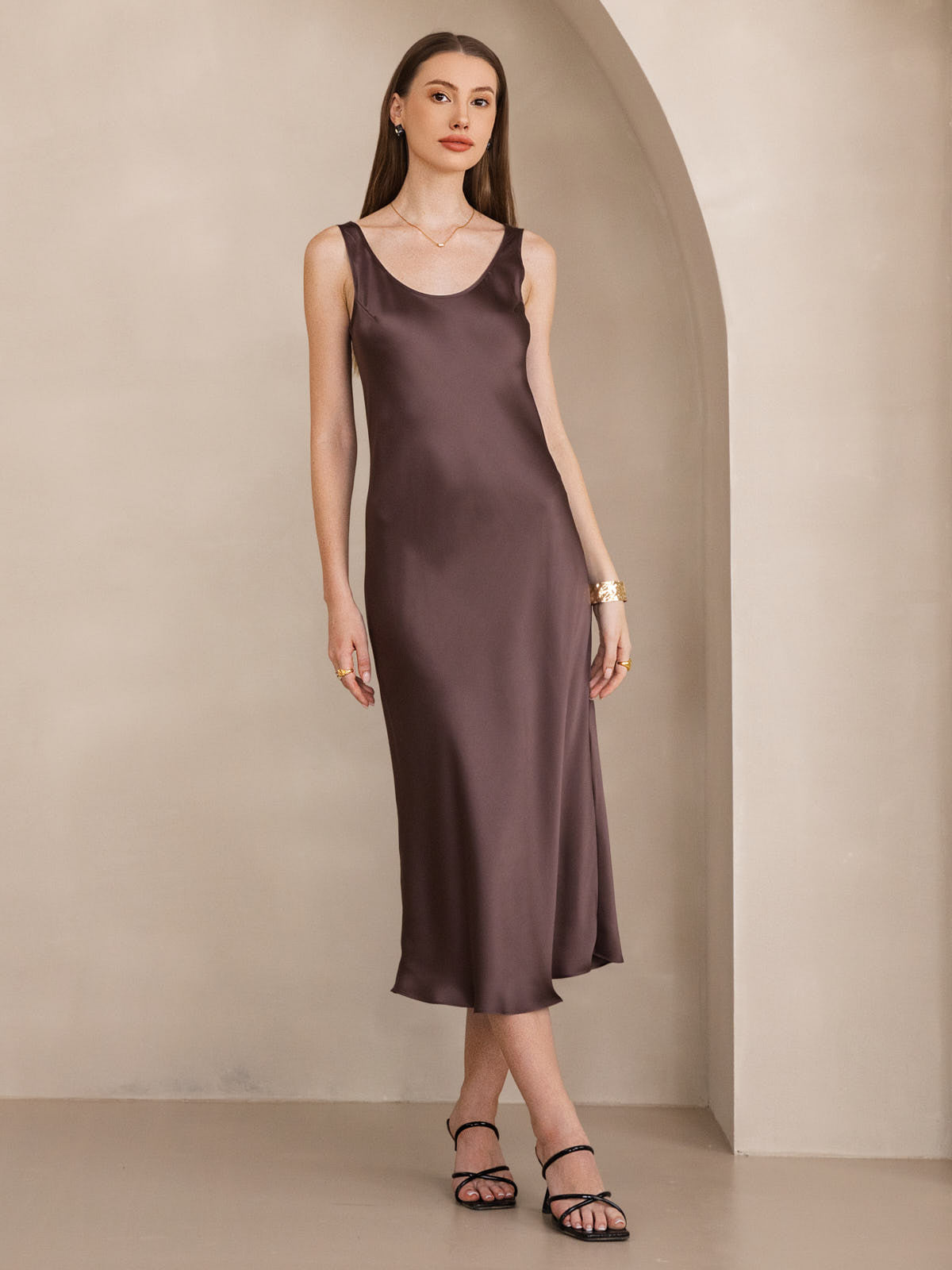 [Café] SilkSilky-ES Seda Pura Cuello Barco Vestido 001