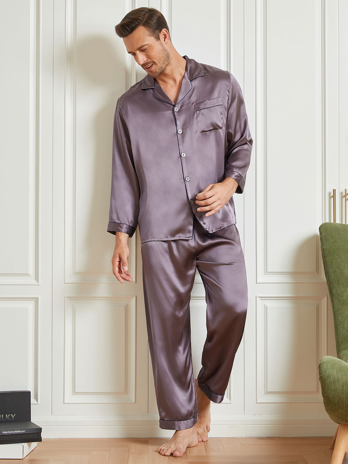 [Gris Púrpura] SilkSilky-ES 19Momme Seda Pura Mens Pajamas 004