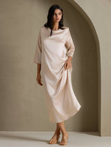 [Beige] SilkSilky-ES 3/4 Sleeve Round Neck Vestido 005