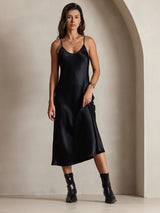 [Negro] SilkSilky-ES Spaghetti Strap V Neck Vestido 001