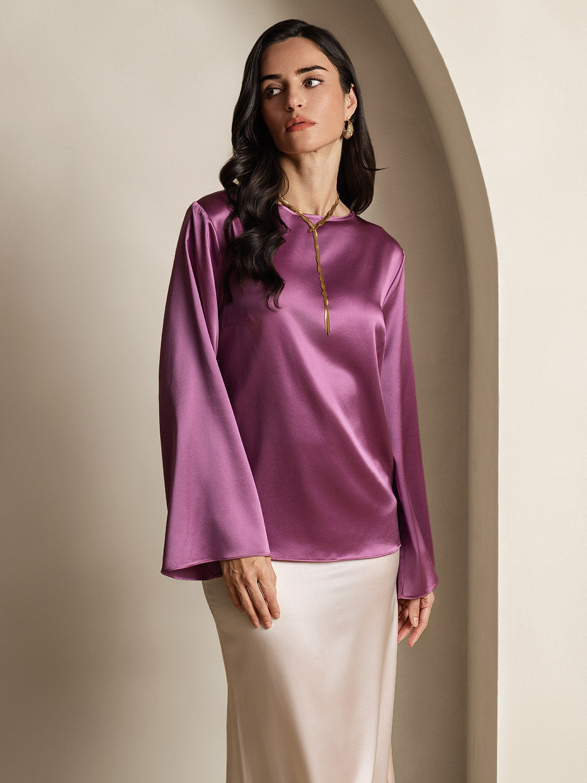 [Morado Oscuro] SilkSilky-ES 19Momme Seda Womens T-Shirt 005