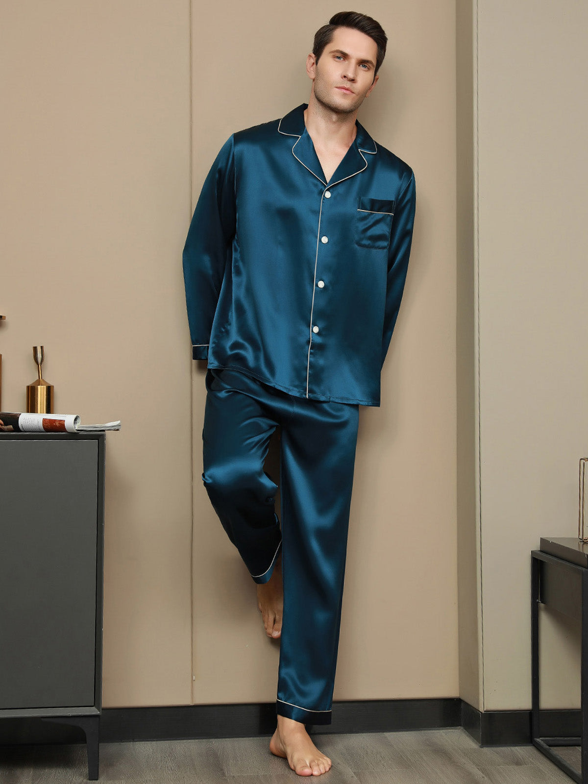 [Azul Real] SilkSilky-ES 19Momme Seda Pura Mens Pajamas 004